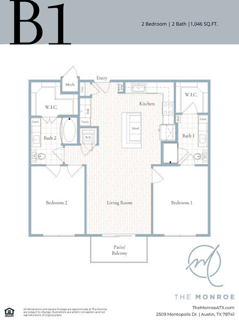 Floor plan for 2 beds, 2 baths, 1046 sqft